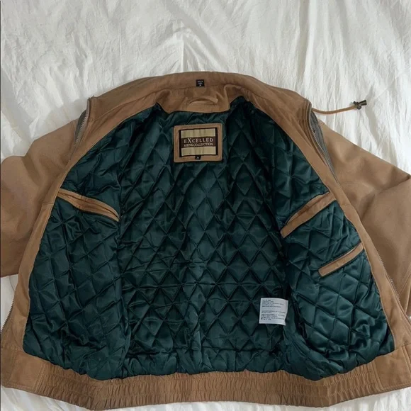 Tan Suede Military Field Jacket with Green Collar & Quilted Lining - Picture 3 of 6